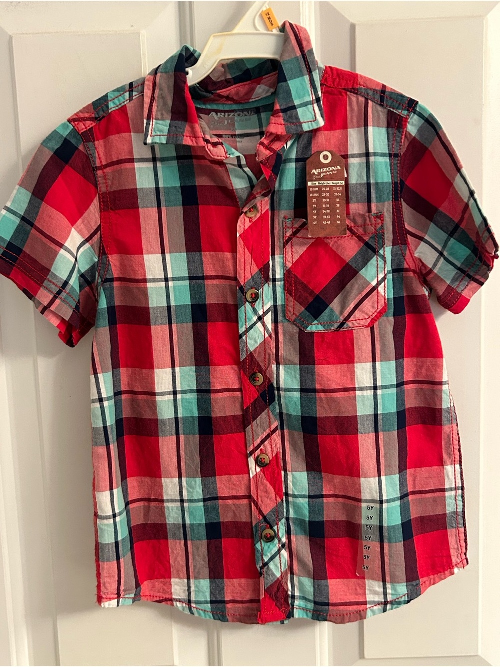 NWT-Boys Arizona Jean Company Red and Teal Plaid Short-Sleeve Button-Down Shirt